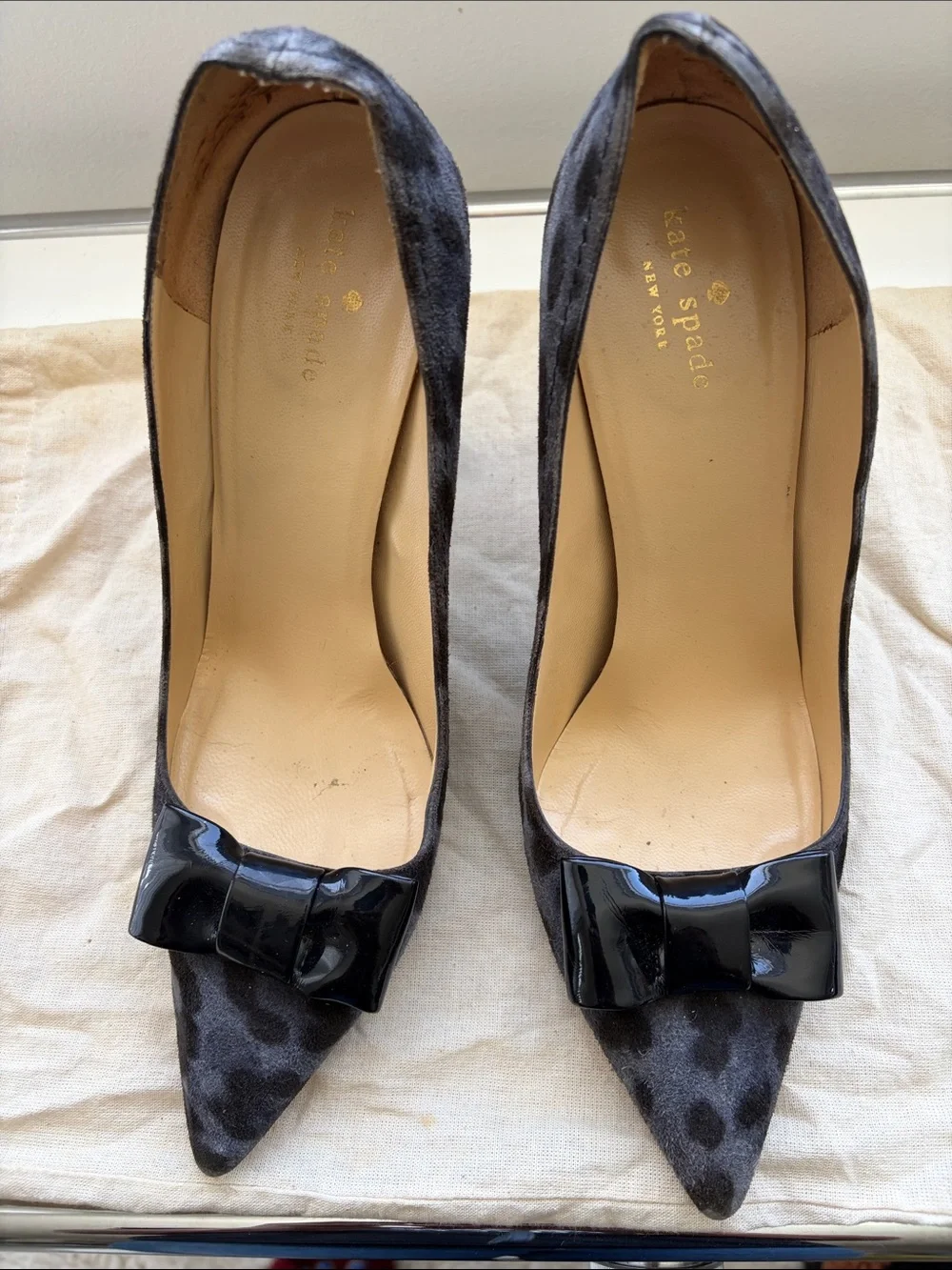 kate spade Gray Velvet Pointed Toe Pumps with Patent Bow